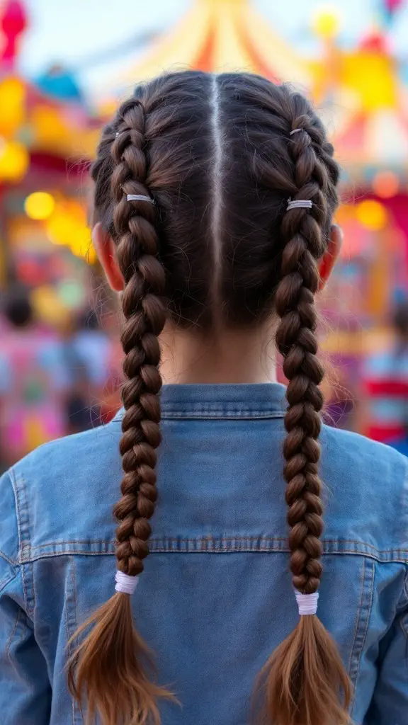 Girl with bubble braided pigtails at a carnival