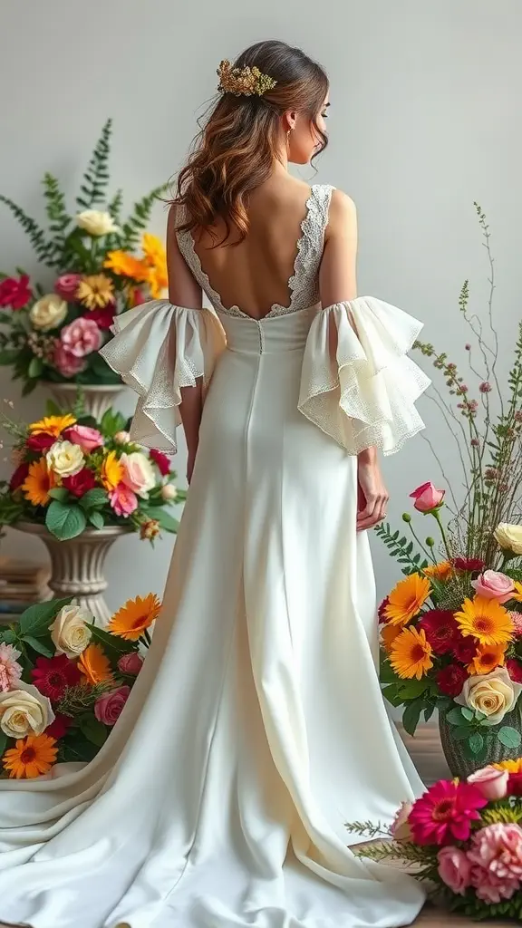 A wedding dress with cascading ruffled sleeves, showcasing a romantic back and adorned with colorful flowers.