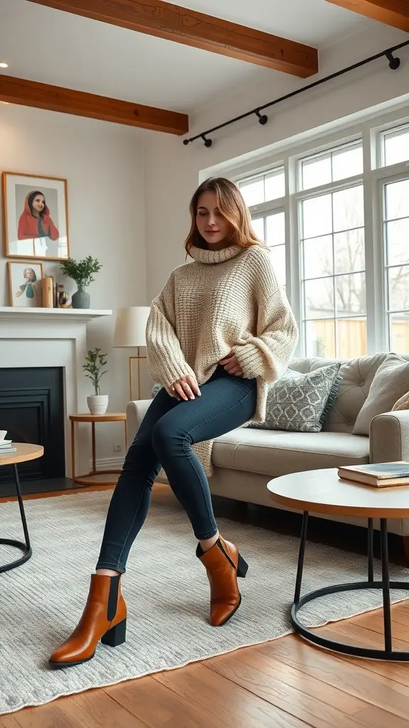 A woman in a cream oversized sweater and fitted jeans, sitting in a stylish living room with natural light and cozy decor.
