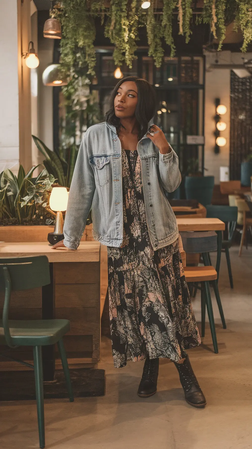 A woman wearing a denim jacket over a flowy midi dress, looking stylish in a cozy indoor setting.