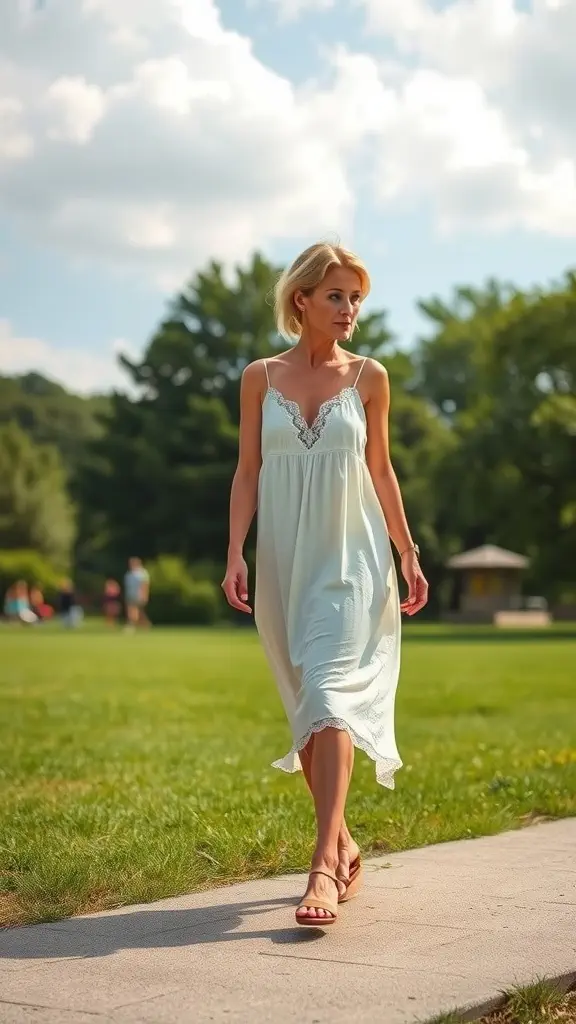 A woman in a light blue slip dress walking in a park.