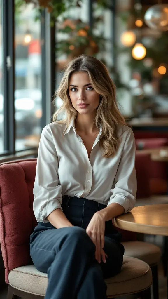 A woman sitting in a café wearing a light shirt and casual tailored trousers, showcasing a polished yet comfortable look.