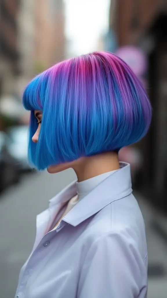 A woman with a chic bob hairstyle featuring blue and pink highlights, showcasing an undercut.