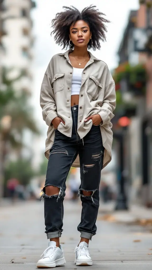 A woman wearing a loose shirt and ripped jeans, styled for a casual outing.