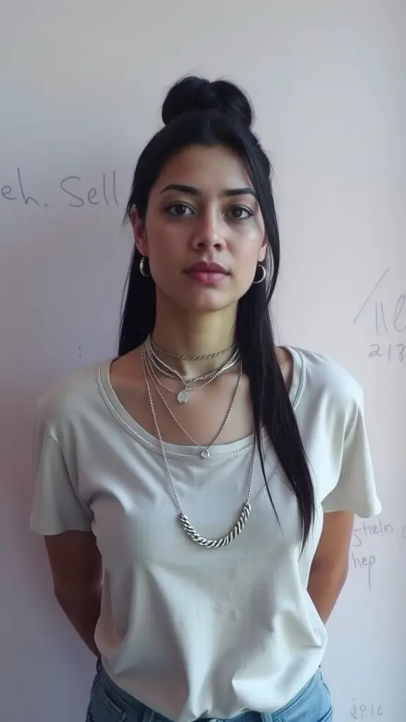 A woman wearing layered necklaces over a simple white top.