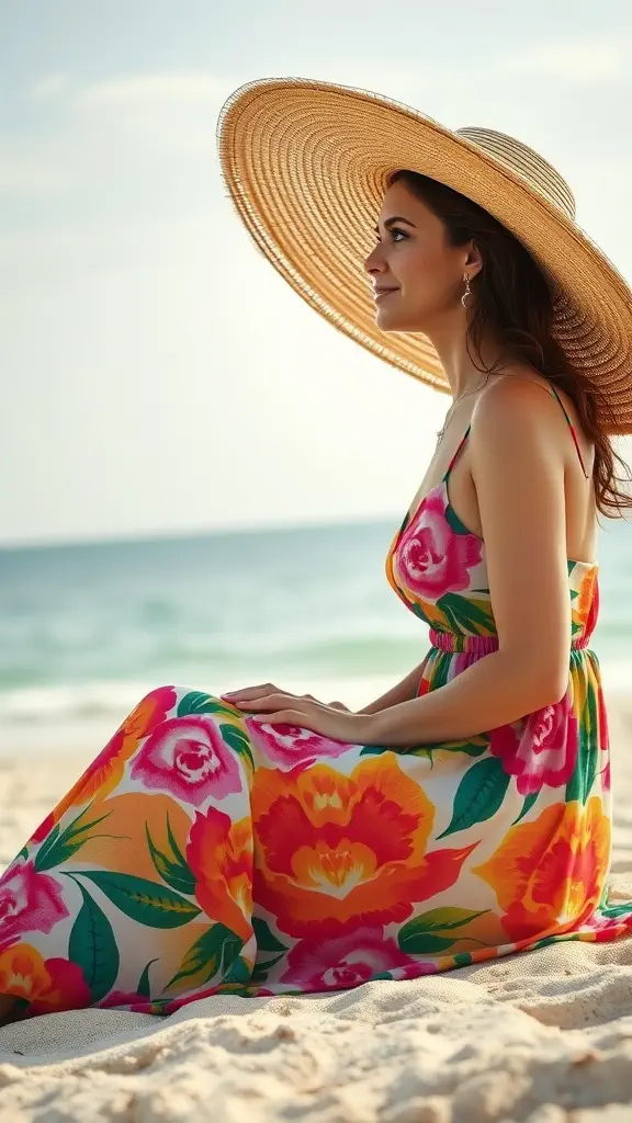 A woman in a colorful floral maxi dress sitting on the beach with a large straw hat.