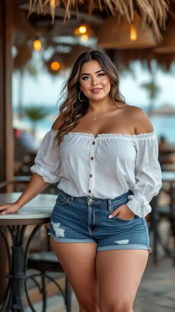 A woman in a stylish off-shoulder top and denim shorts, standing in a café setting.