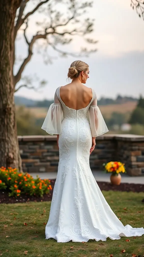 A bride in a chic off-the-shoulder wedding dress with sheer sleeves, showing the back of the gown in a scenic outdoor setting.