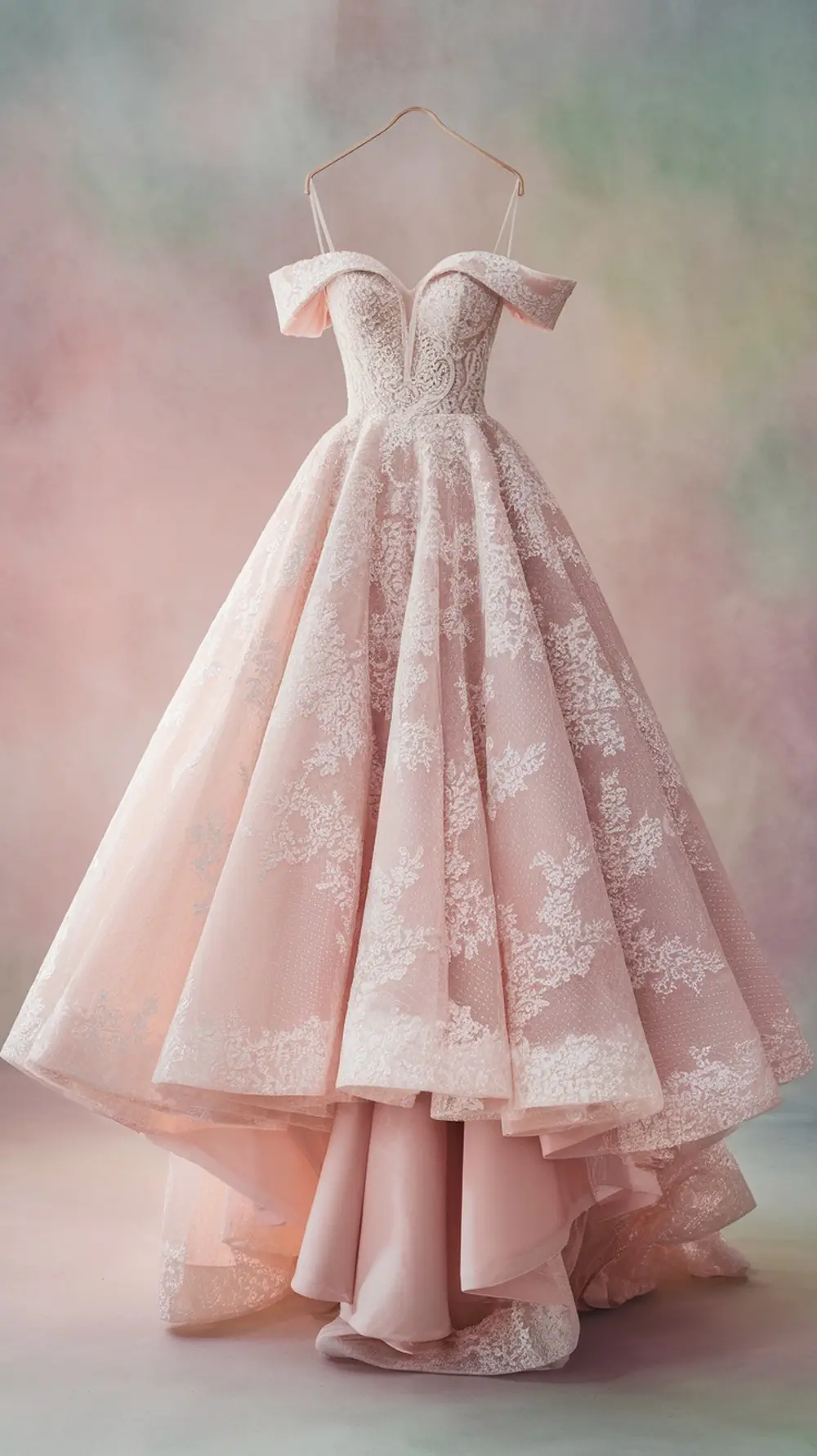 Chic off-the-shoulder wedding dress with lace details and flowing skirt in soft pink.