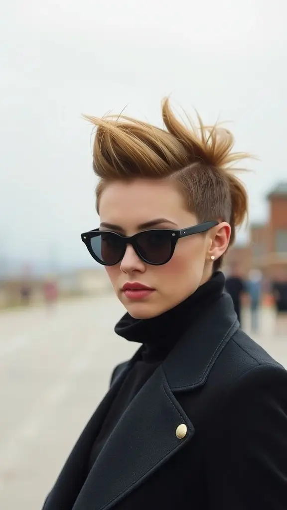 A woman with a chic spiked side-swept haircut, wearing sunglasses and a black jacket, showing confidence and style.