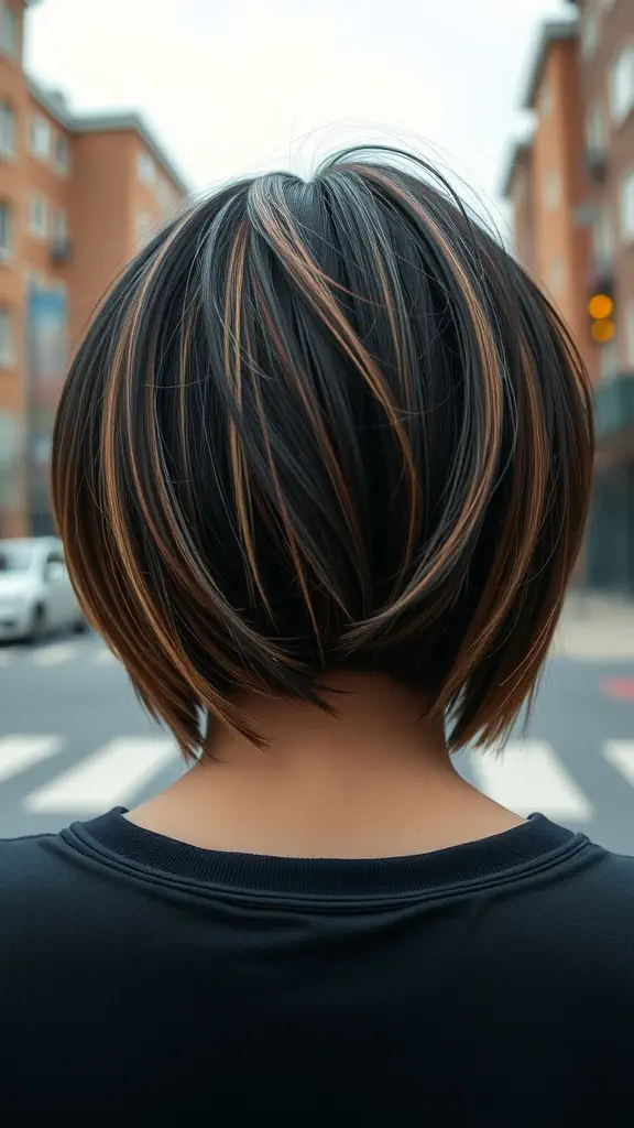 A stylish choppy bob haircut with an undercut, showcasing dark hair with highlights