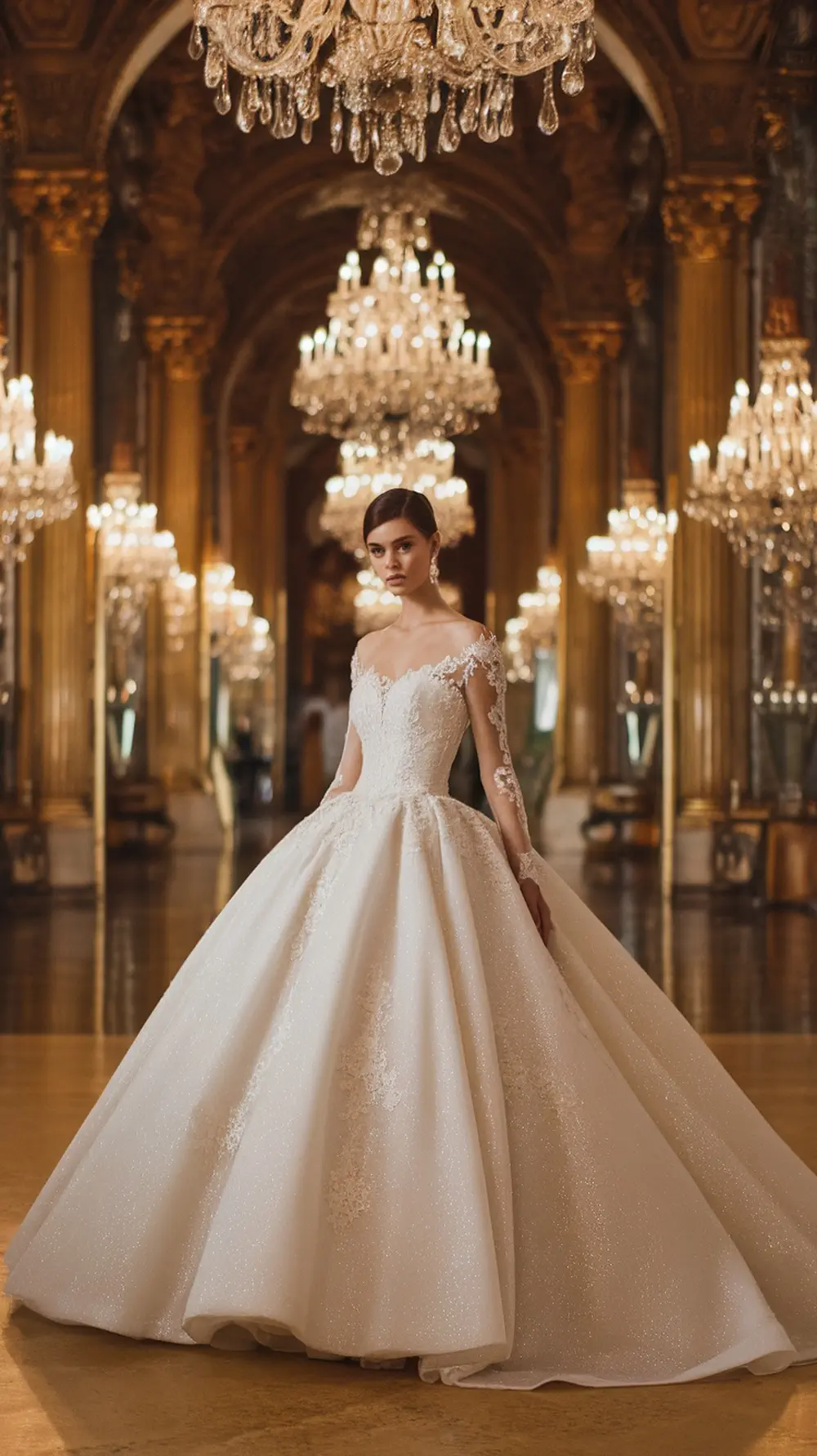 A bride in a classic ball gown with lace detailing, standing in a grand hall with chandeliers.