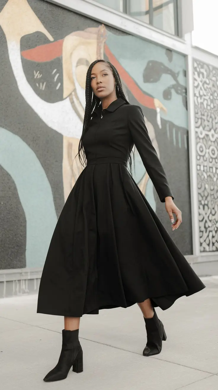 A woman wearing a black dress with a modern design, posing against a colorful wall.