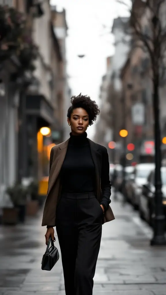 A stylish black woman walking confidently in a monochrome outfit.