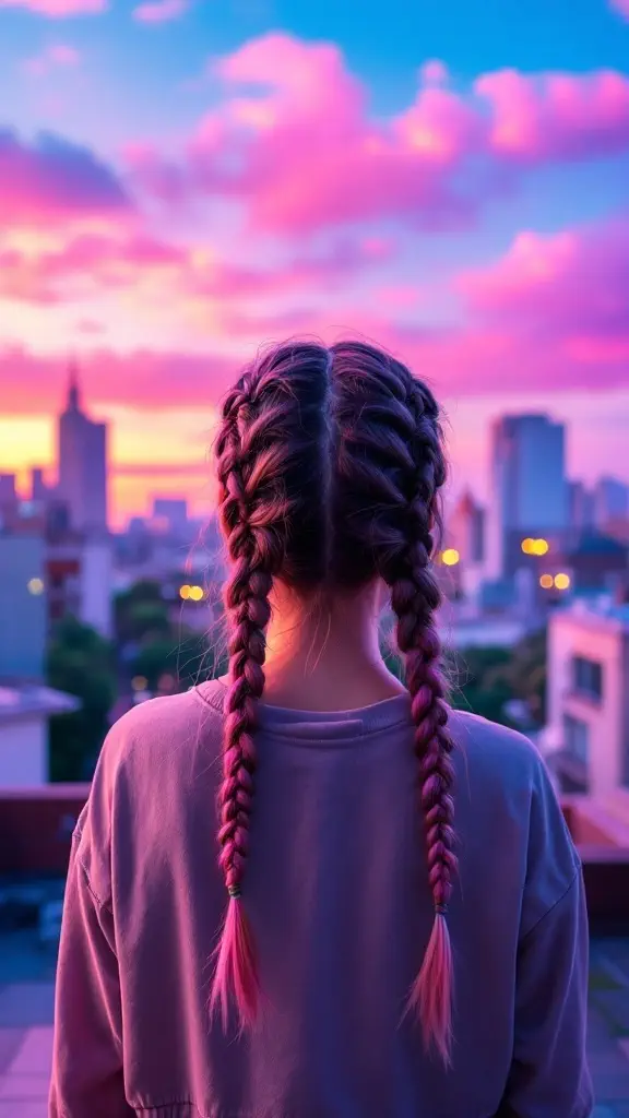A person from the back with two braided pigtails dyed in an ombre style, set against a colorful sunset.