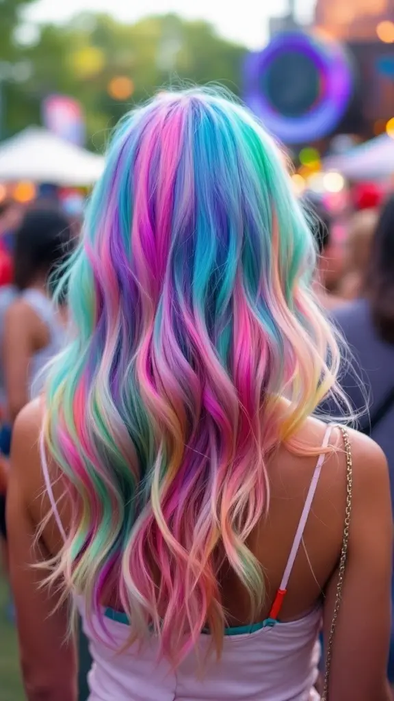 Colorful ombre hairstyle with soft layers in pink, blue, and green shades.