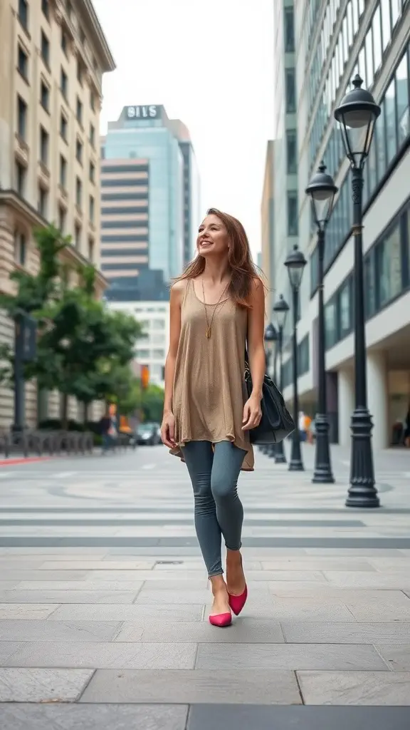 A woman wearing a beige top, gray leggings, and pink ballet flats walking in a city street.