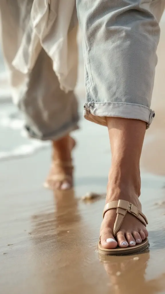 A person walking on the beach wearing comfortable sandals