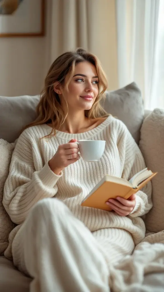 A woman in a cozy knit set sitting on a couch, enjoying a book and a cup of tea.