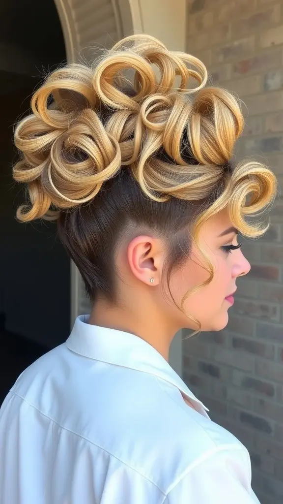 A curly spiked updo hairstyle with vibrant curls and shaved sides.