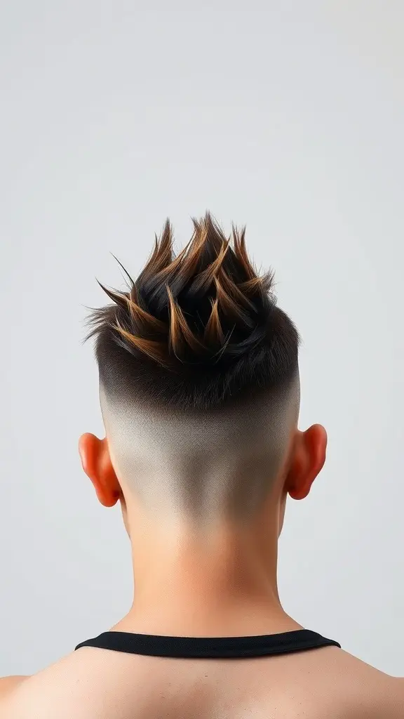 A close-up view of a disconnected undercut hairstyle featuring spiky hair on top and faded sides.