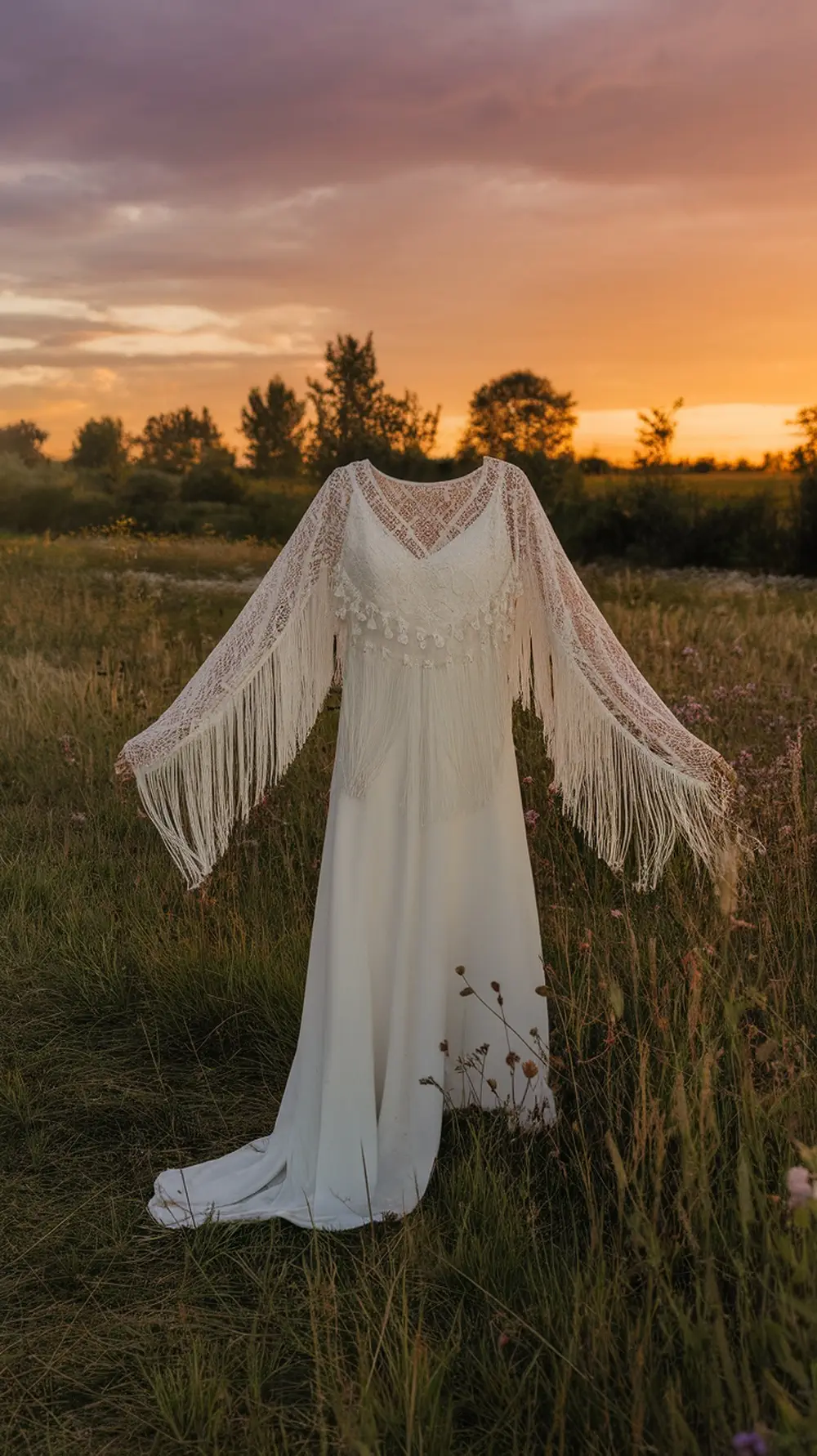 A dreamy bohemian wedding dress with fringe sleeves, set against a sunset backdrop in a grassy field.