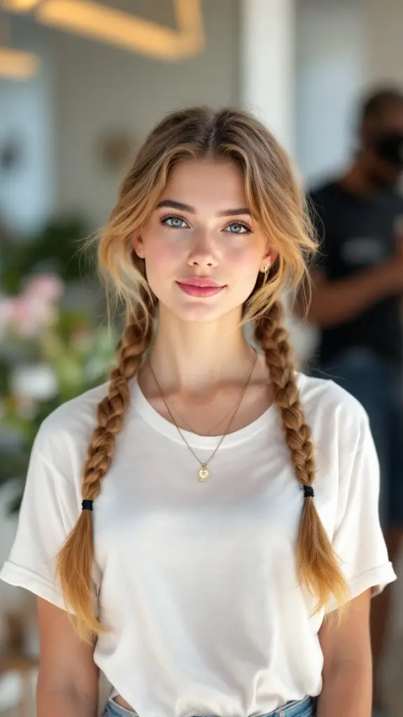 A young woman with Dutch braided pigtails, wearing a white t-shirt and looking stylish.
