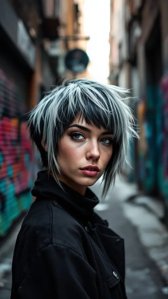 A woman with an edgy shag cut featuring highlights, standing in an urban setting.