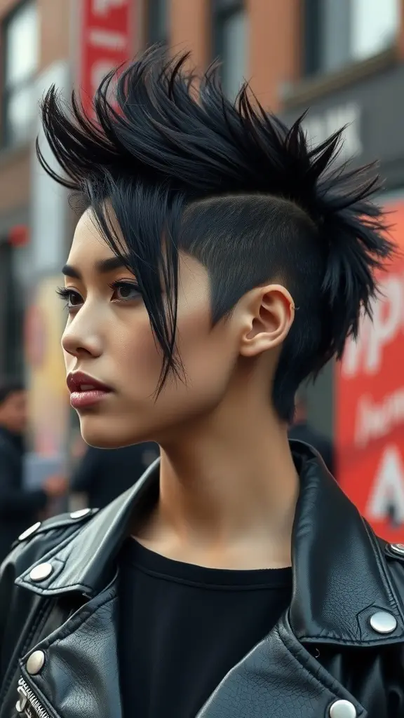 A person with a spiky, textured haircut featuring dark and light colors, walking on a city street.