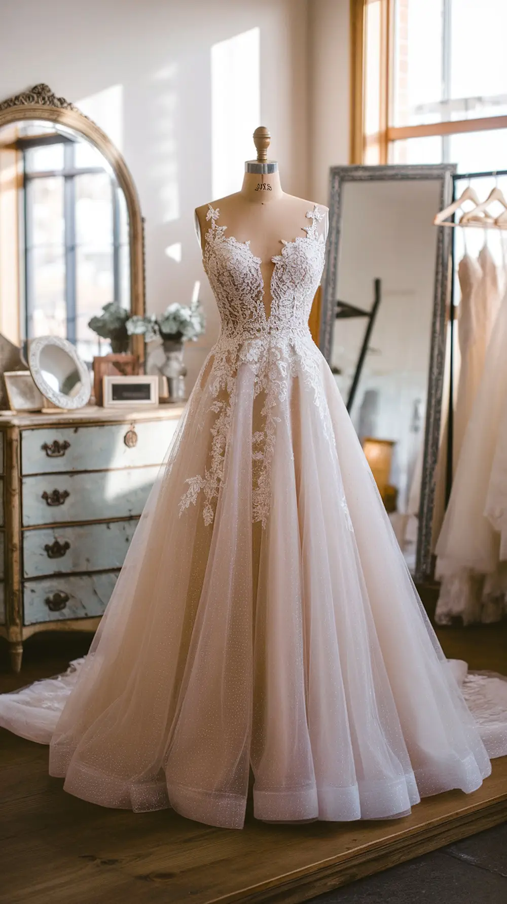 A stunning A-line wedding dress with lace details and a tulle skirt, displayed in a bright room.