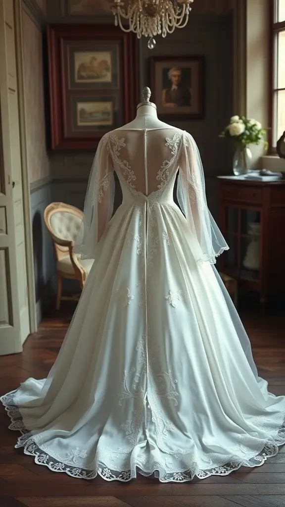 Wedding dress with bishop sleeves and lace details, displayed on a mannequin