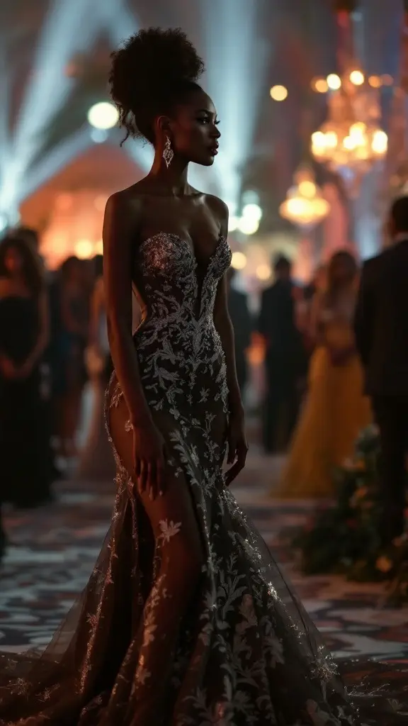 A stunning black evening gown with intricate designs worn by a woman at a formal event.