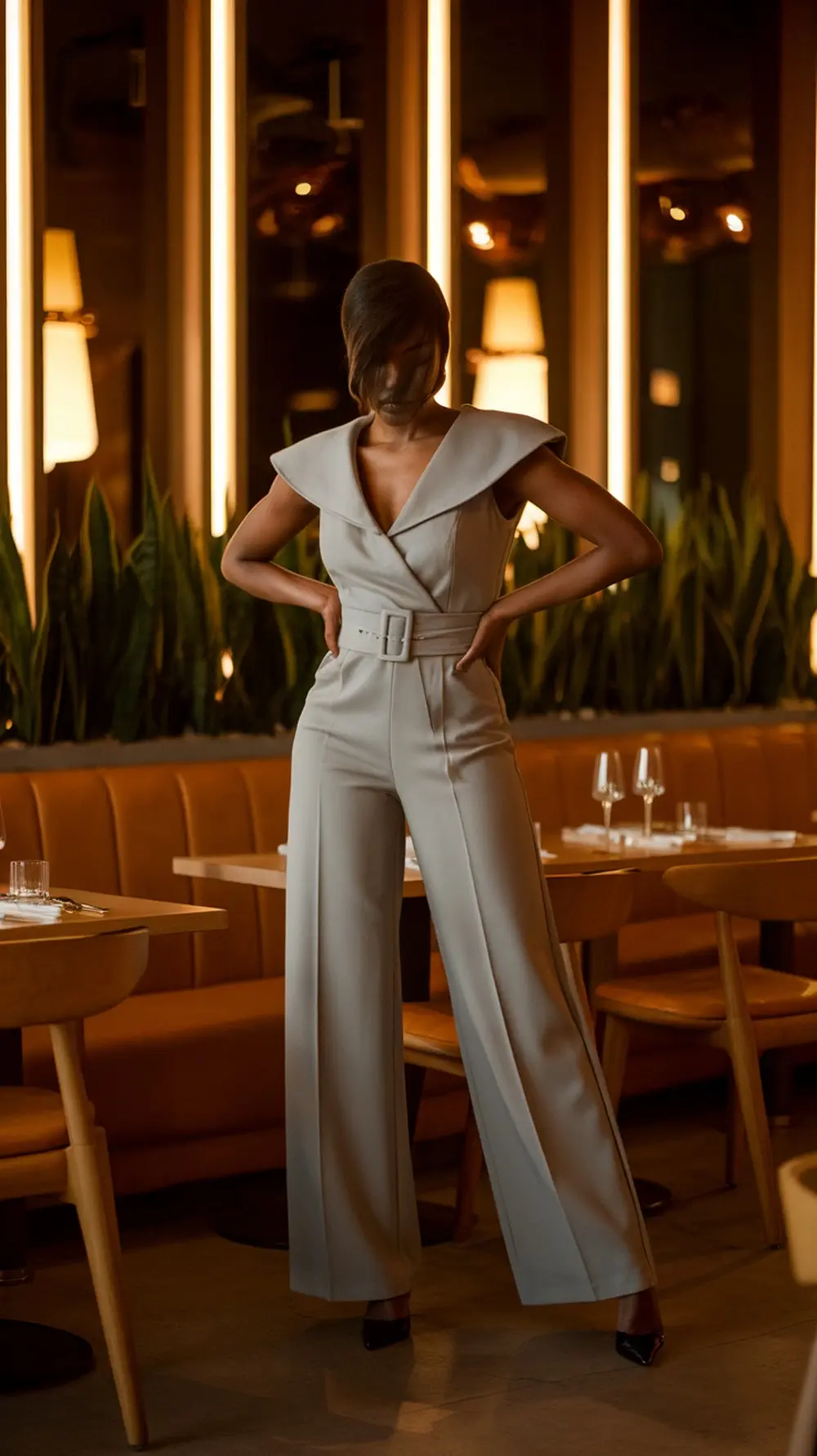 A woman in a stylish jumpsuit with a wide belt, posing elegantly in a modern setting.