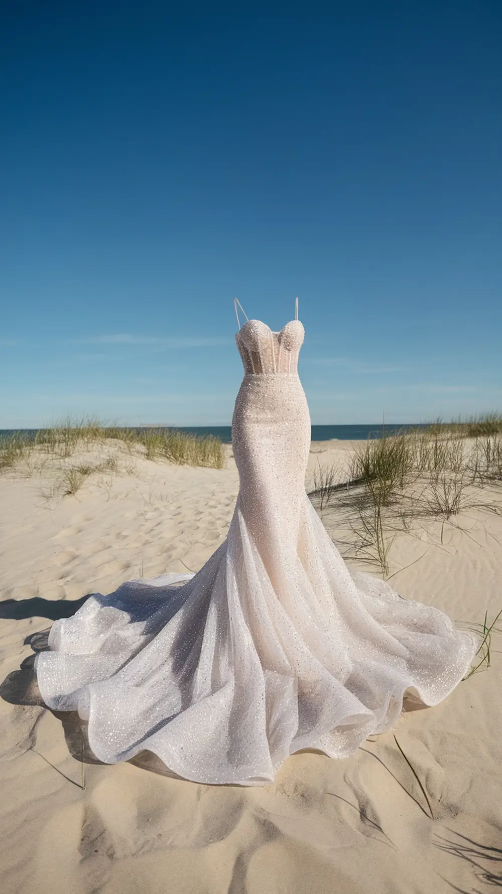 A stunning mermaid wedding dress with glittery fabric, set against a beach background.
