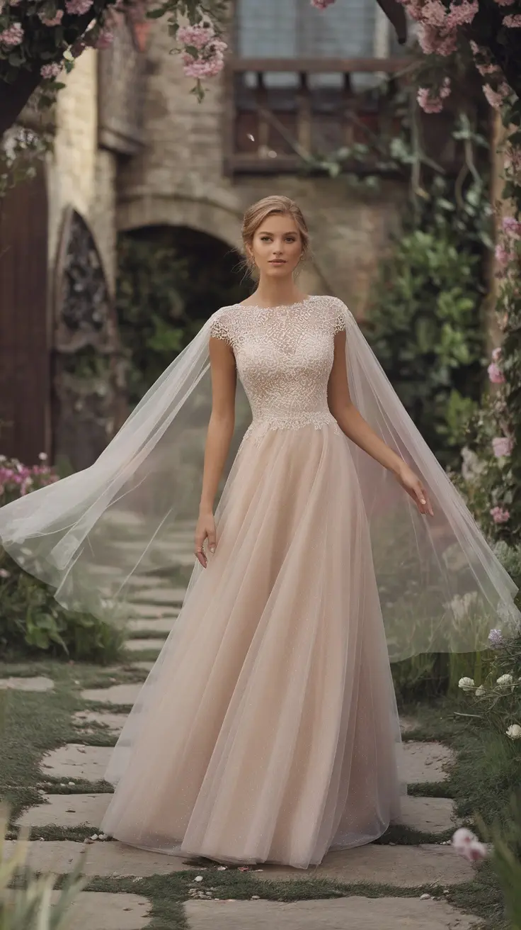 A fairy-tale wedding dress with a cape displayed in a lush garden setting