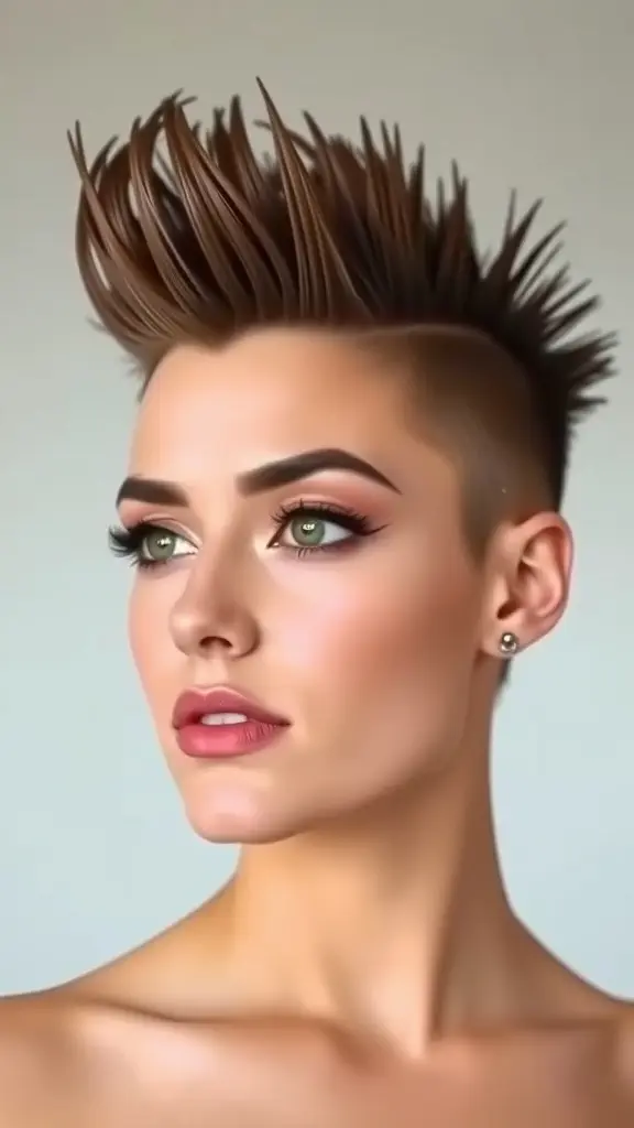 A woman with a stylish faux hawk haircut, featuring voluminous spikes and shaved sides.