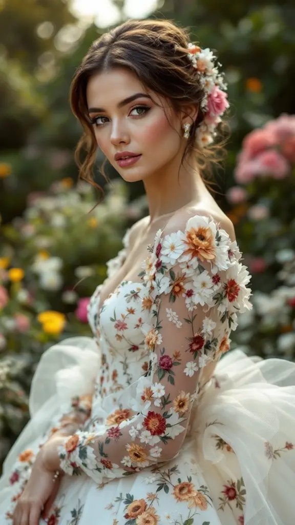 Wedding dress with floral printed sleeves in a garden setting