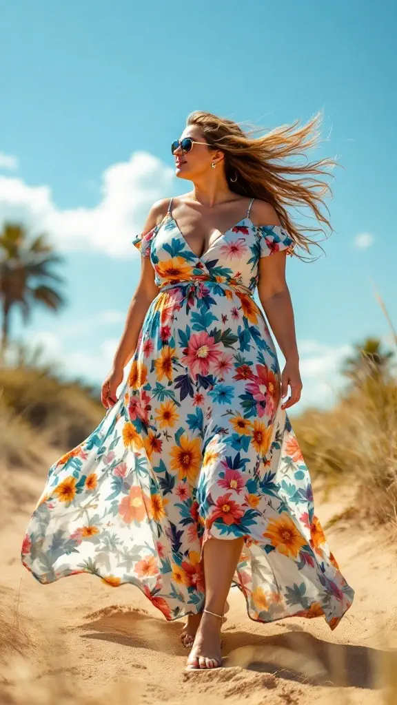 A woman in a flowy floral maxi dress walking on a sandy path.