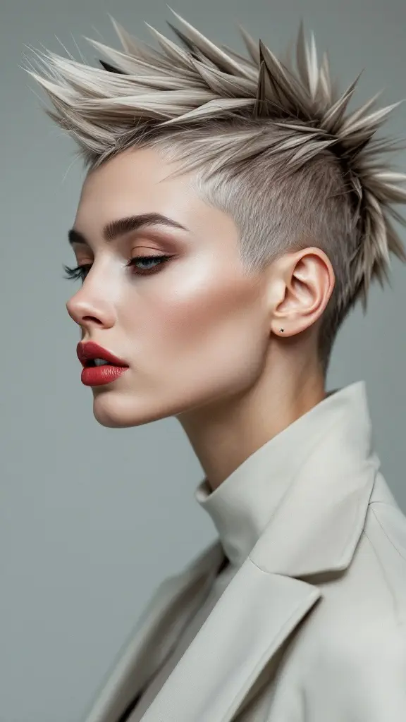 A geometric spiky haircut for women featuring sharp, angular spikes and a closely shaved back.