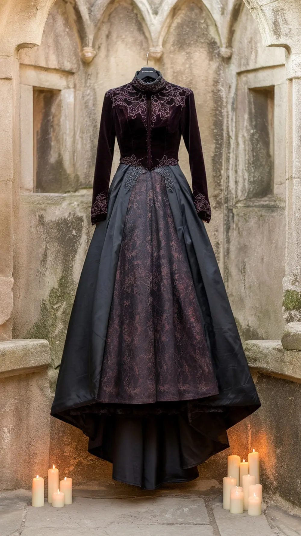 Gothic-inspired wedding dress displayed in a romantic setting with candles