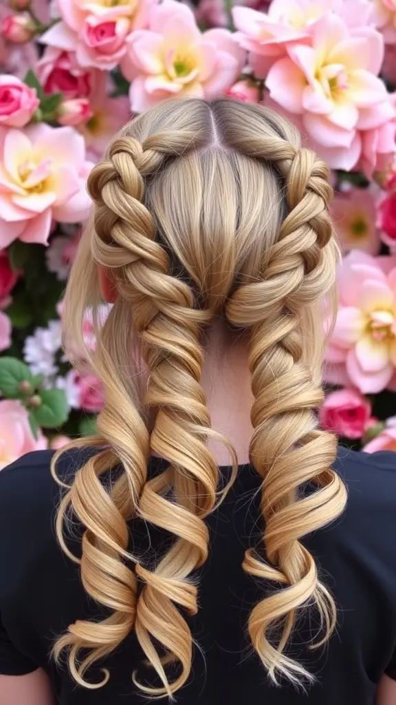 A person with half-up braided pigtails, featuring elegant braids and flowing wavy hair, standing in front of pink flowers.