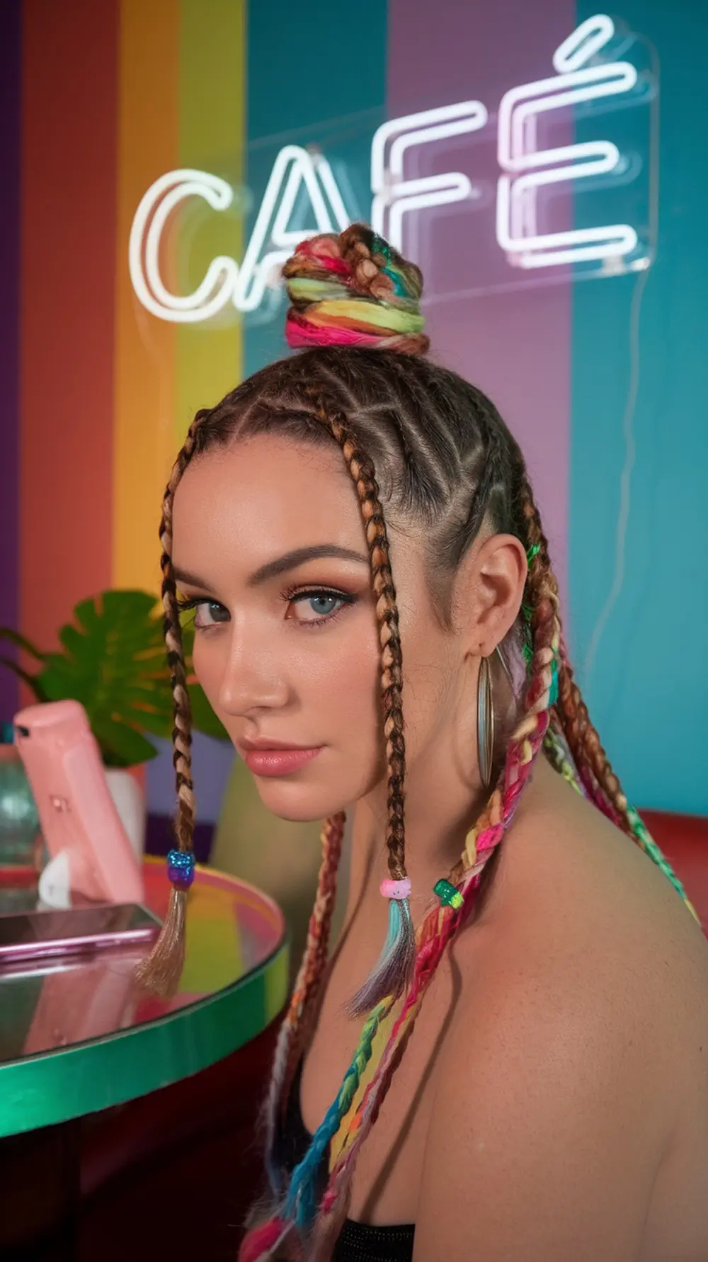 A woman with vibrant half-up, half-down braided hairstyle, colorful beads, and a modern cafe background.