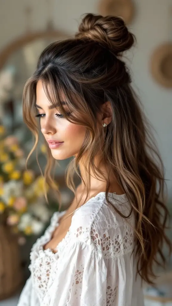 A woman with a half-up top knot hairstyle and wavy hair.