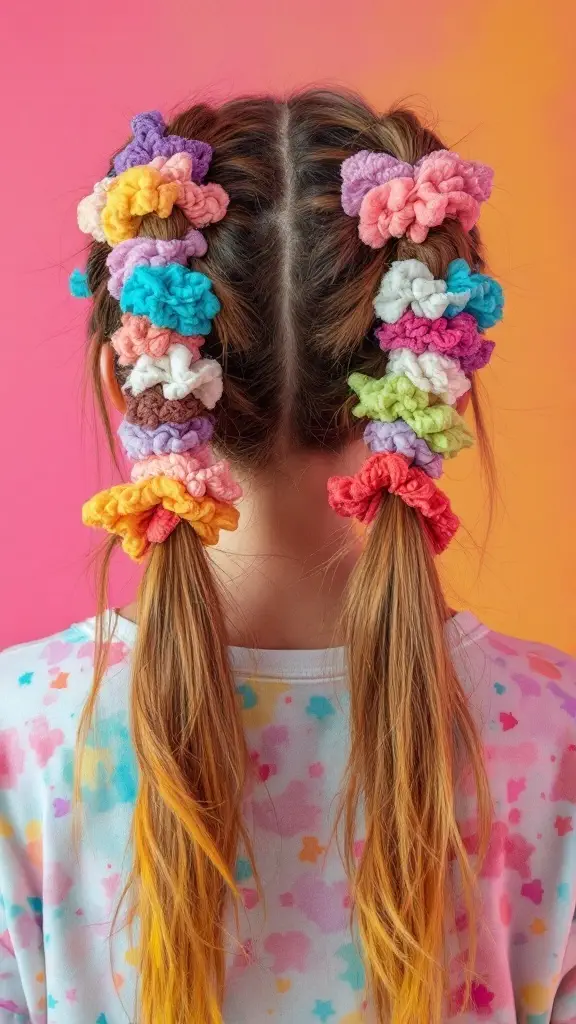 A model with high pigtails styled with colorful scrunchies.