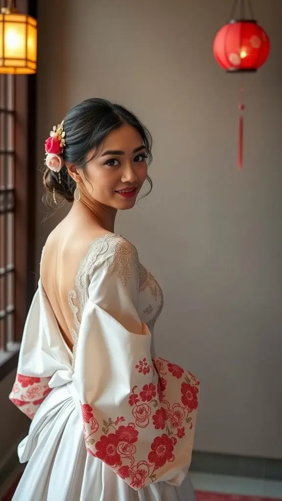 Bride wearing a wedding dress with kimono sleeves, featuring floral embroidery and an open back.