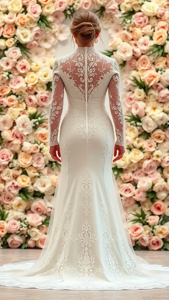 A bride from the back wearing a fitted wedding dress with lace long sleeves, complemented by a beautiful backdrop of roses.