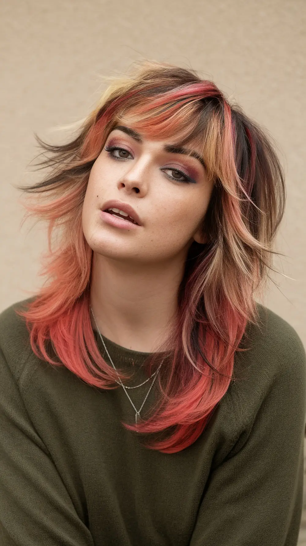 A young woman with a vibrant layered haircut featuring bangs, showcasing a mix of colors.