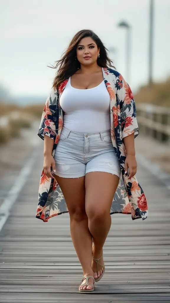 A model wearing a floral kimono over a white top and denim shorts, walking on a boardwalk.