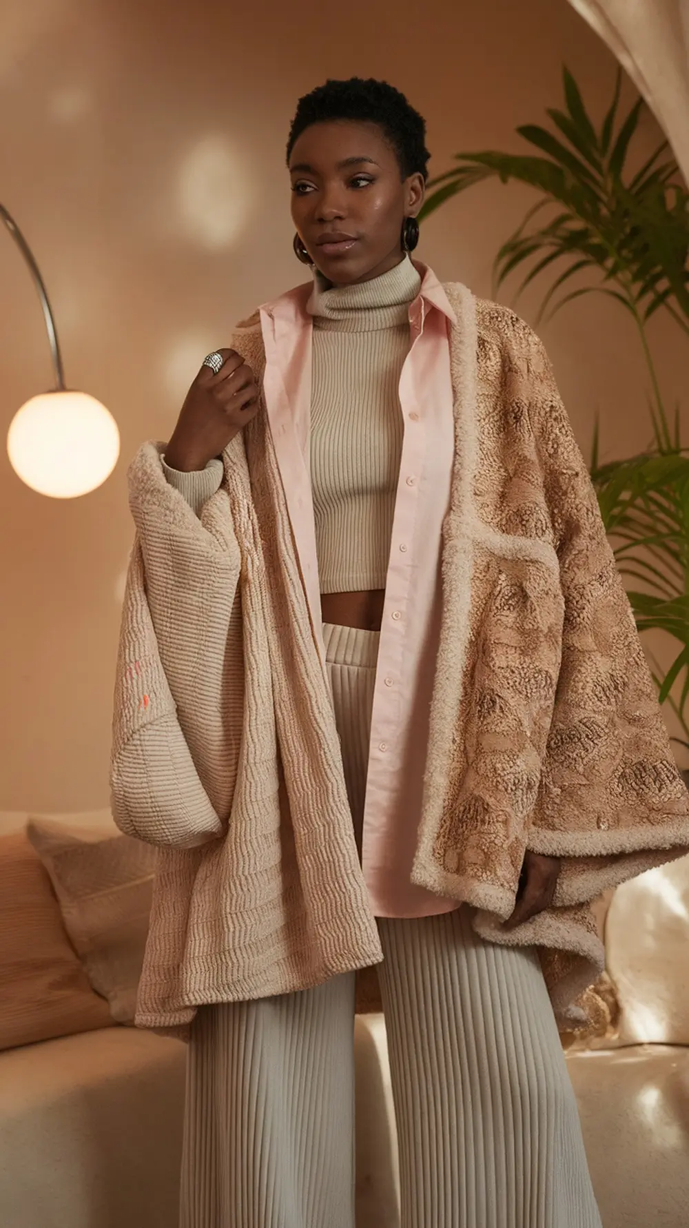A woman wearing layered outfits with textured fabrics, showcasing a stylish look.