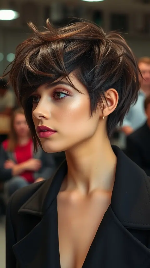 A woman with a layered spiky lob hairstyle, showcasing volume and texture.